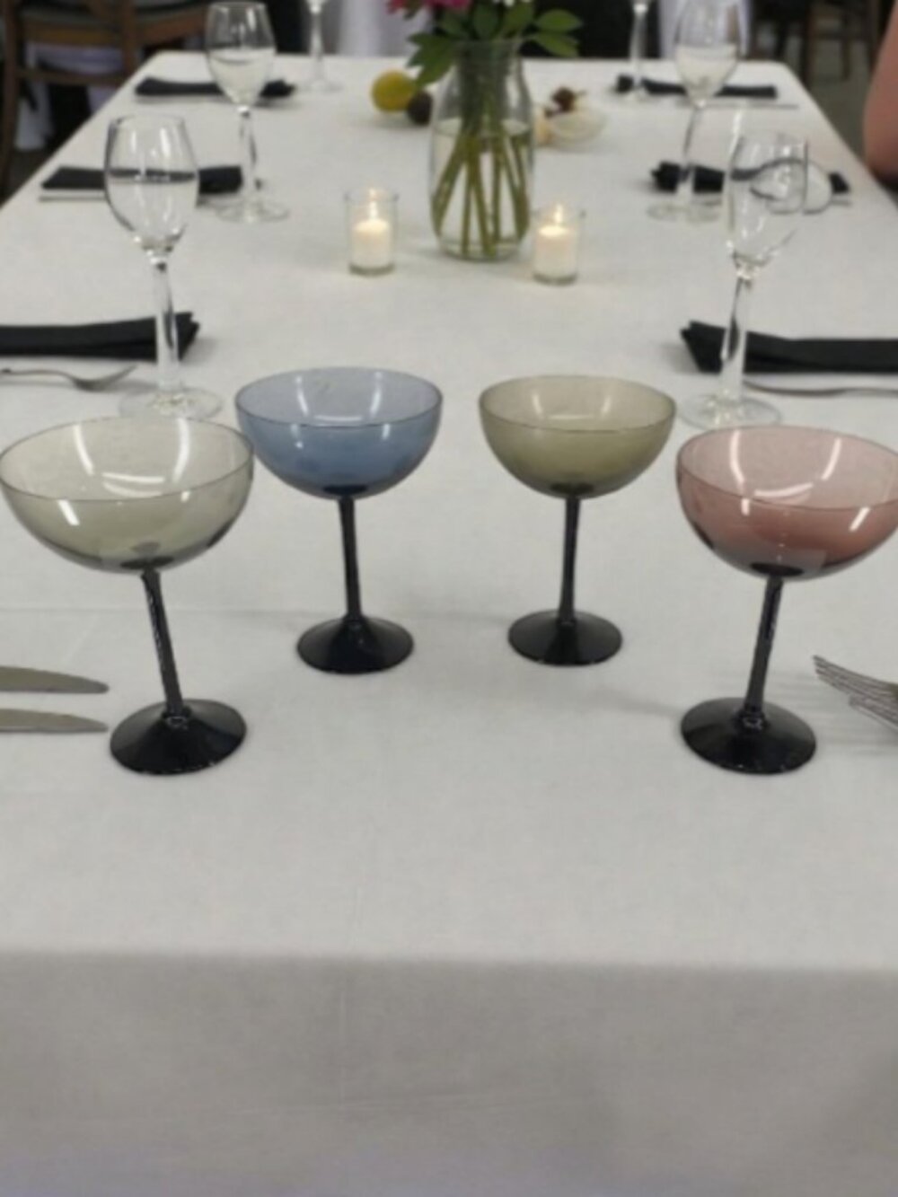 CHAMPAGNE COUPES -- Vintage, Multicolor, Set of 4, Black Stems, Retro Look